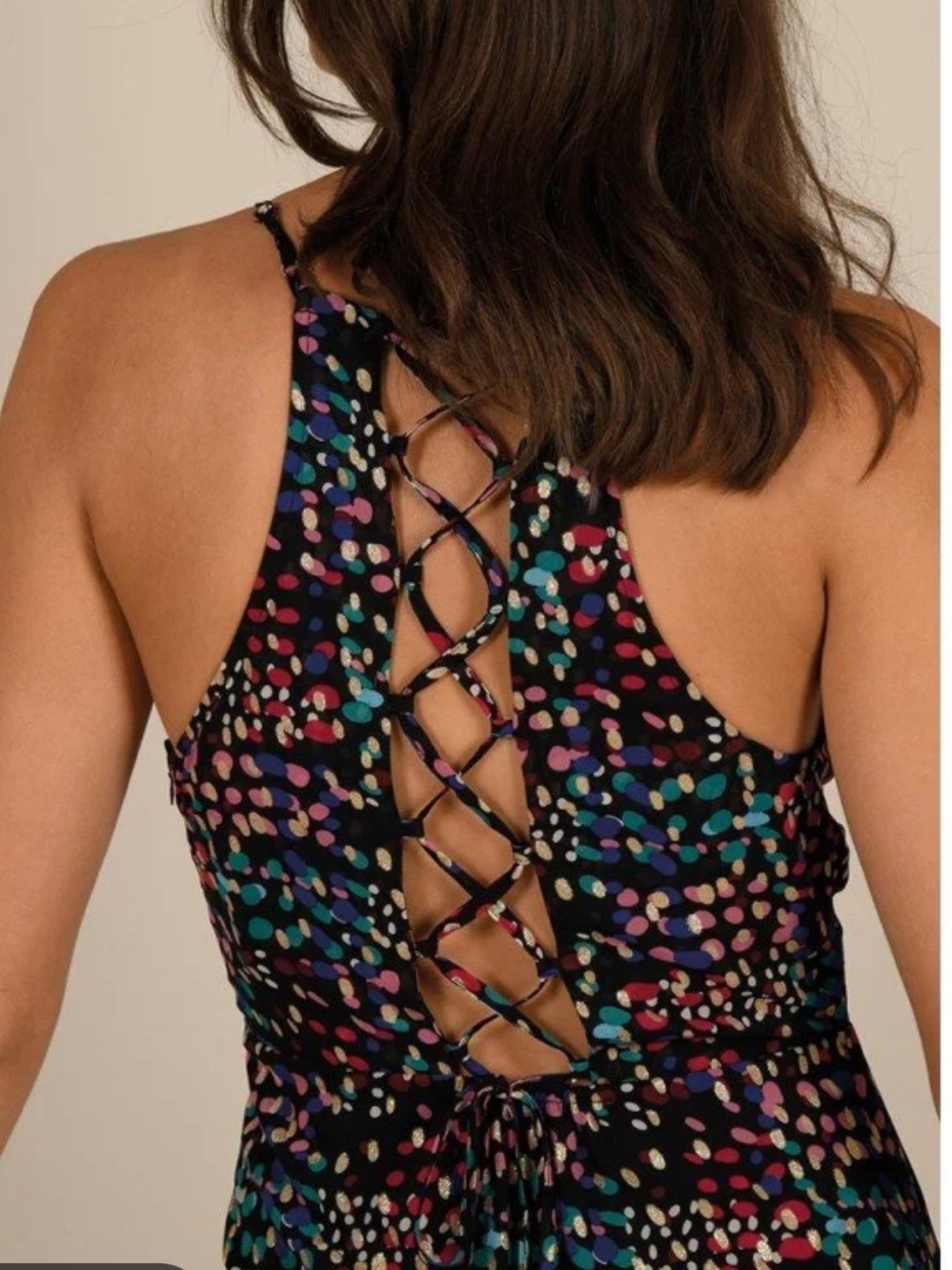 Molly Bracken Premium Black Multi Color Confetti Metallic Maxi Dress Lace Up